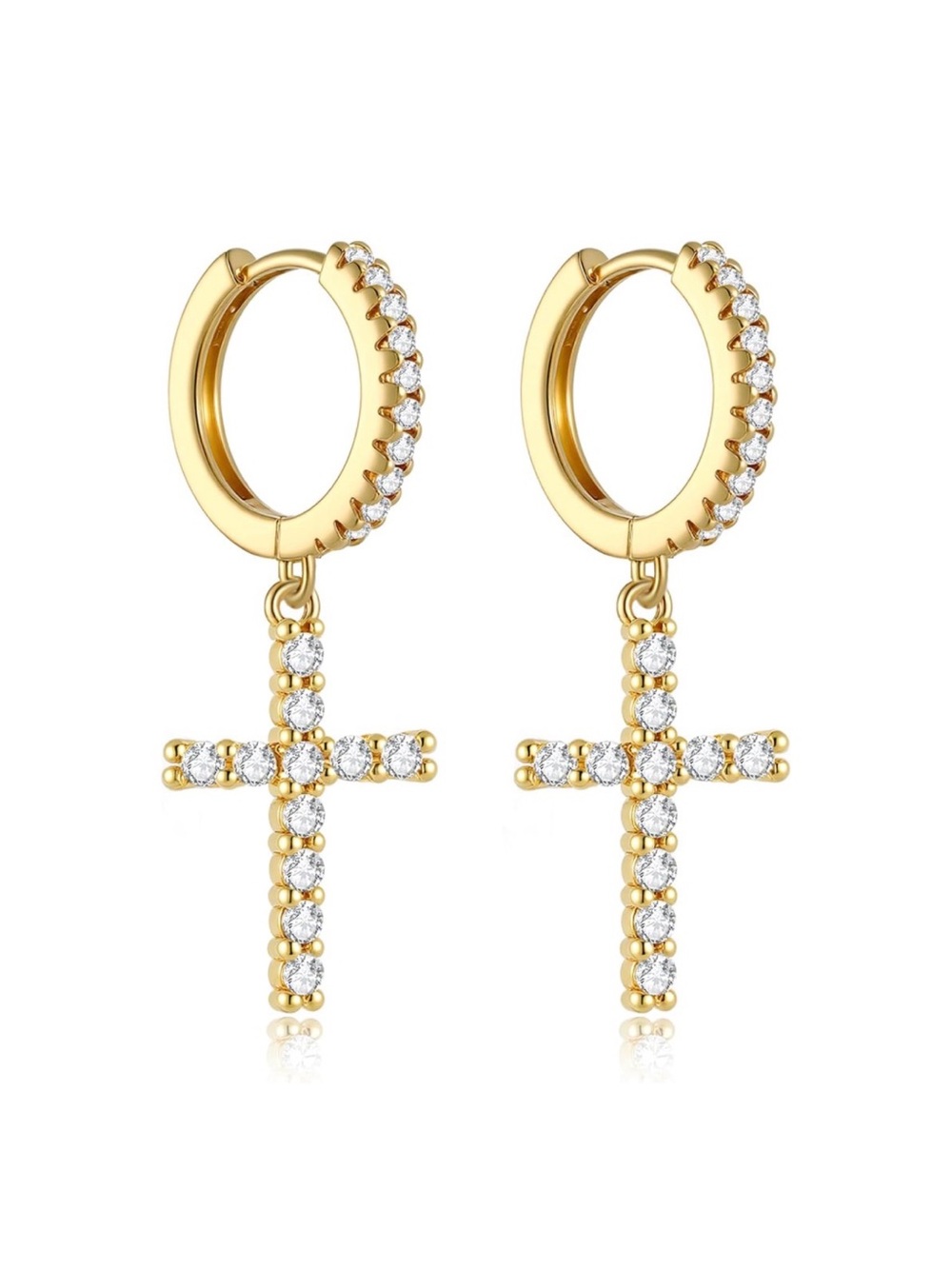 Gold Cubic Zirconia Cross 14k Huggie Earrings